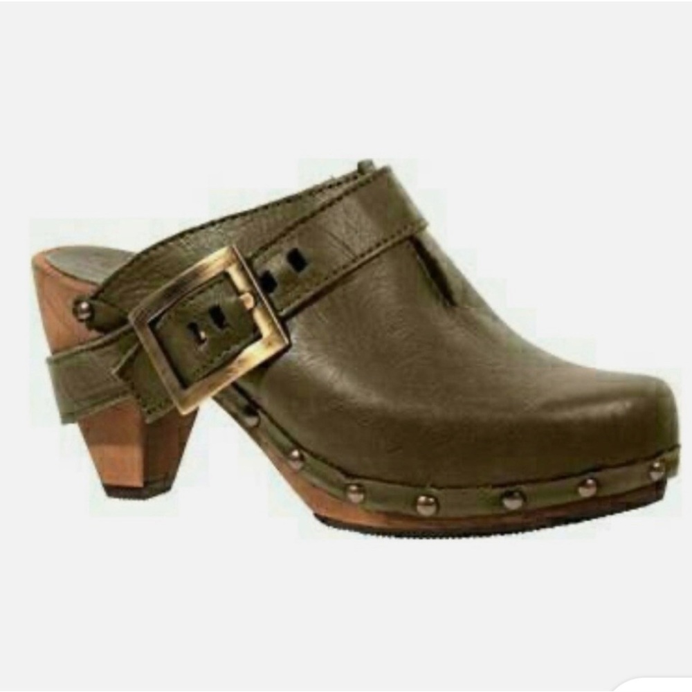 Sanita Green Buckle Wooden Clogs/Mules